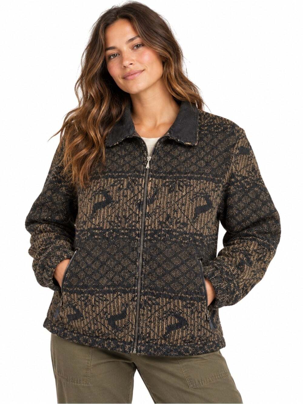 Vintage Obermeyer Deer Print Knit Jacket M Brown Full Zip Alpine Après Ski Cozy
